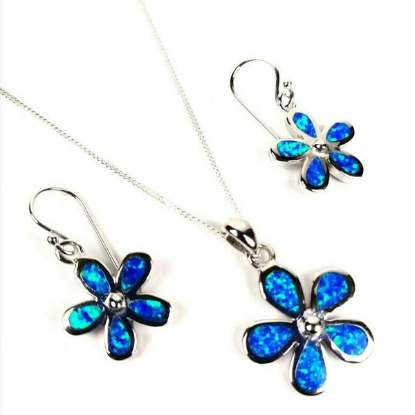 Blue Opal flower pendant and earrings set
