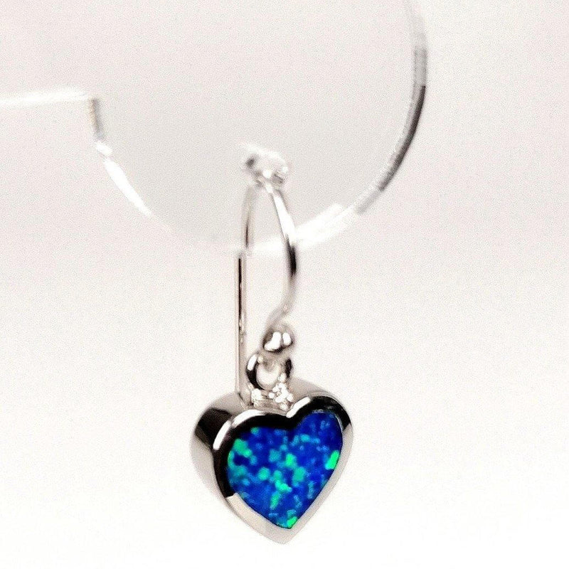 Blue Opal Heart Drop Earrings hanging display