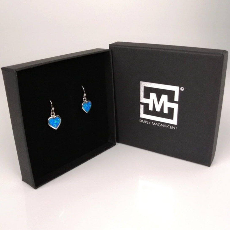 Blue Opal Heart Drop Earrings in presentation box