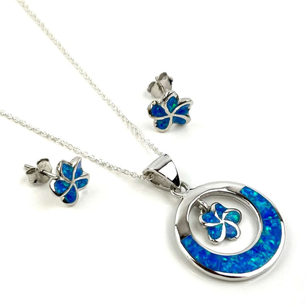 Blue Opal Flower in Round Pendant with Flower Studs Gift Set Media 1 of 7