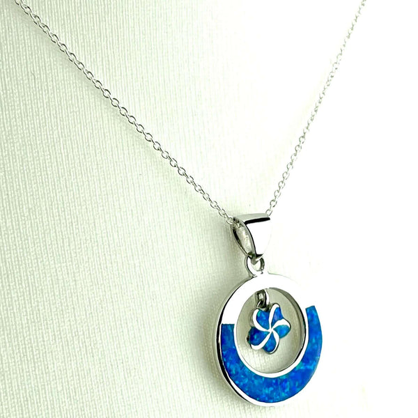 Blue Opal Flower in Round Pendant Necklace Media 2 of 6