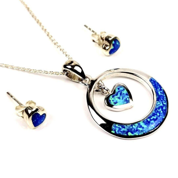 Blue Opal heart in round pendant set
