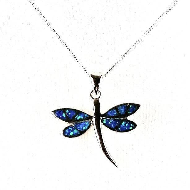 Blue Opal dragonfly pendant and chain front view