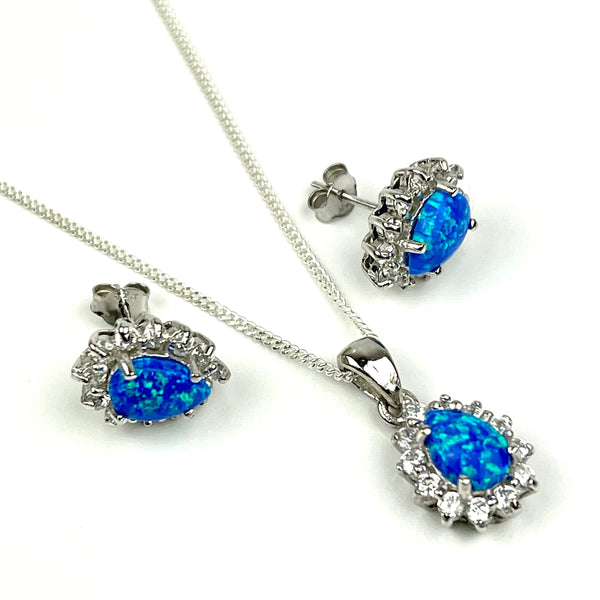 Sterling Silver Blue Opal & CZ Crystal Necklace & Earring Gift Set Media 1 of 6