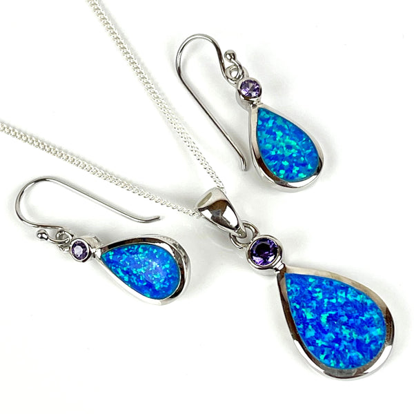 Blue Opal and Amethyst Teardrop Jewellery Gift Set Media 1 of 5