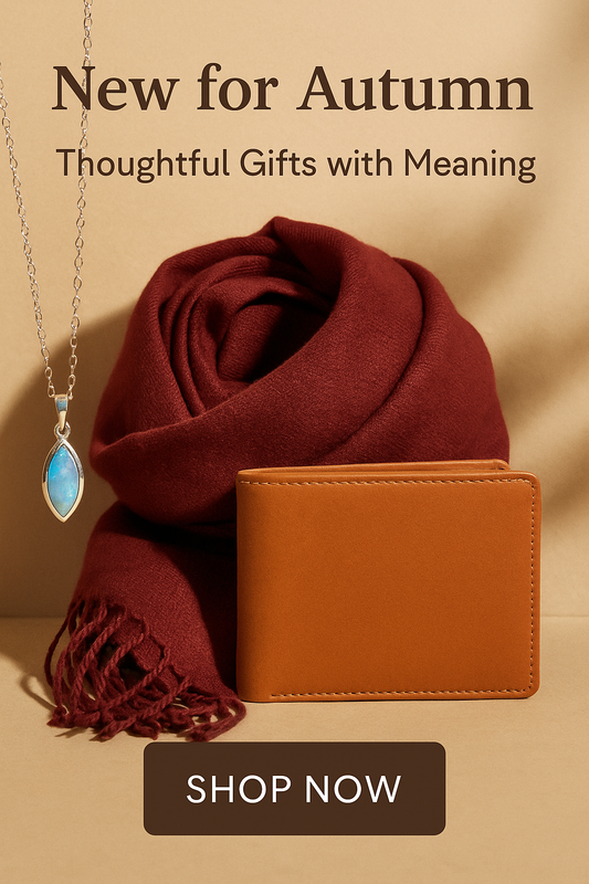 Mobile autumn gifts image with opal jewellery, pashmina scarf, and leather accessories – handcrafted UK gift ideas