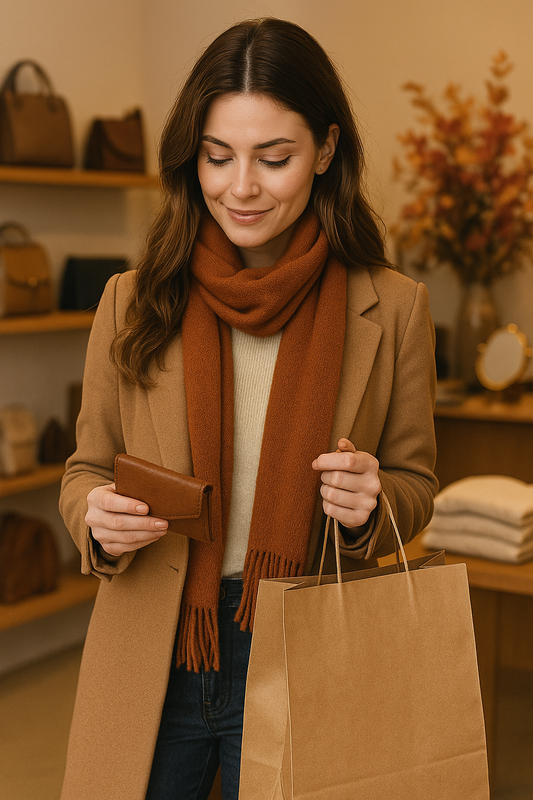 Woman shopping for autumn gifts and accessories in a warm boutique, holding a wallet and gift bag, seasonal luxury theme.