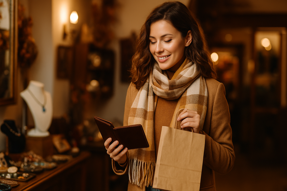 Woman shopping for autumn gifts and accessories in a warm boutique, holding a leather wallet and gift bag, luxury seasonal theme.