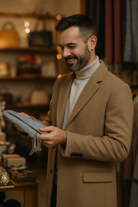 Man shopping in a warm autumn boutique, holding a grey scarf while browsing thoughtful gifts and accessories, luxury seasonal theme.