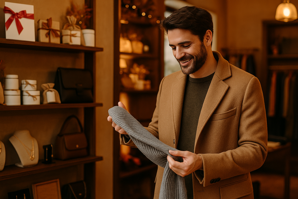 Man browsing a scarf inside a warm autumn boutique, selecting thoughtful gifts and accessories, luxury seasonal theme.