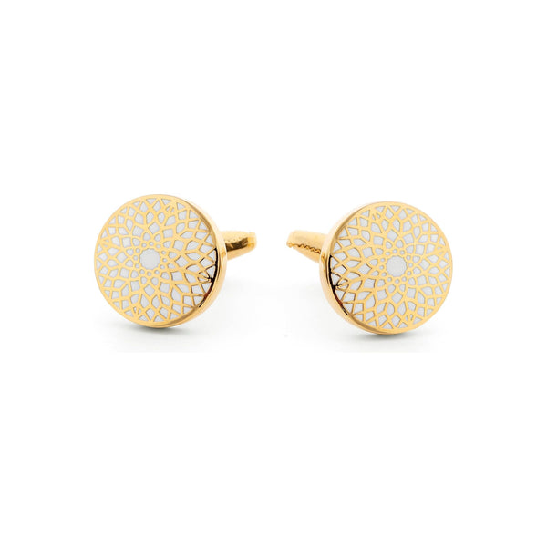 Close-up of Big Ben Gold & White Cufflinks showcasing intricate design inspired by London's iconic clock tower.