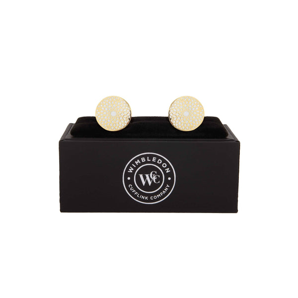 Big Ben Gold & White Cufflinks displayed in premium presentation gift box.