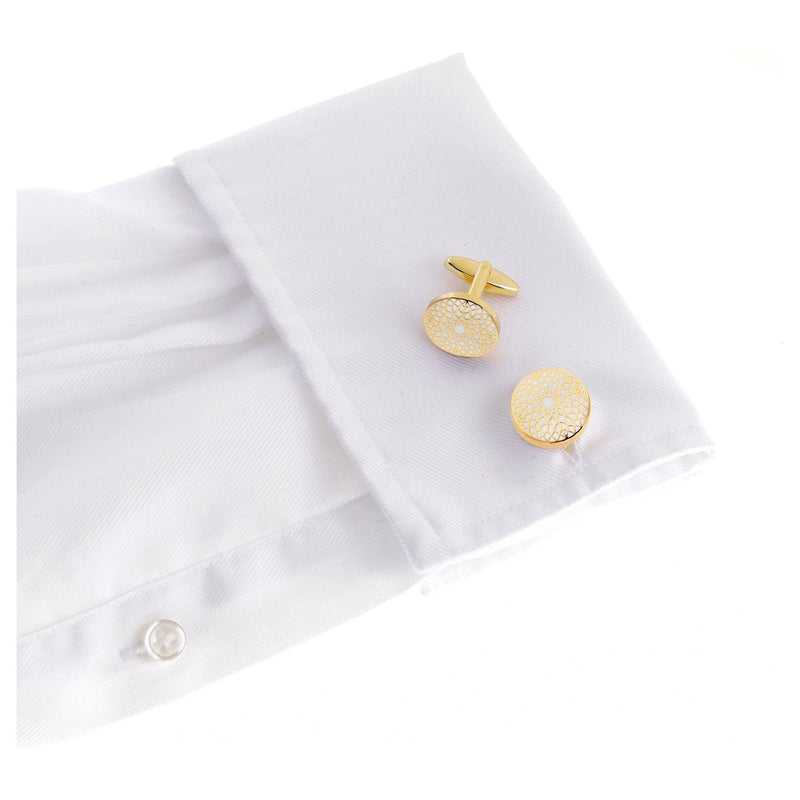 Big Ben Gold & White Cufflinks paired with formal attire, representing London's heritage.