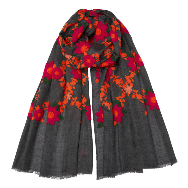 Mexican Small Flower Pashmina – Grey, Pink & Orange