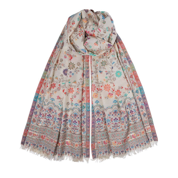 100% Cashmere Woven Flower Pashmina in Neutral with floral design by Somerville Scarves