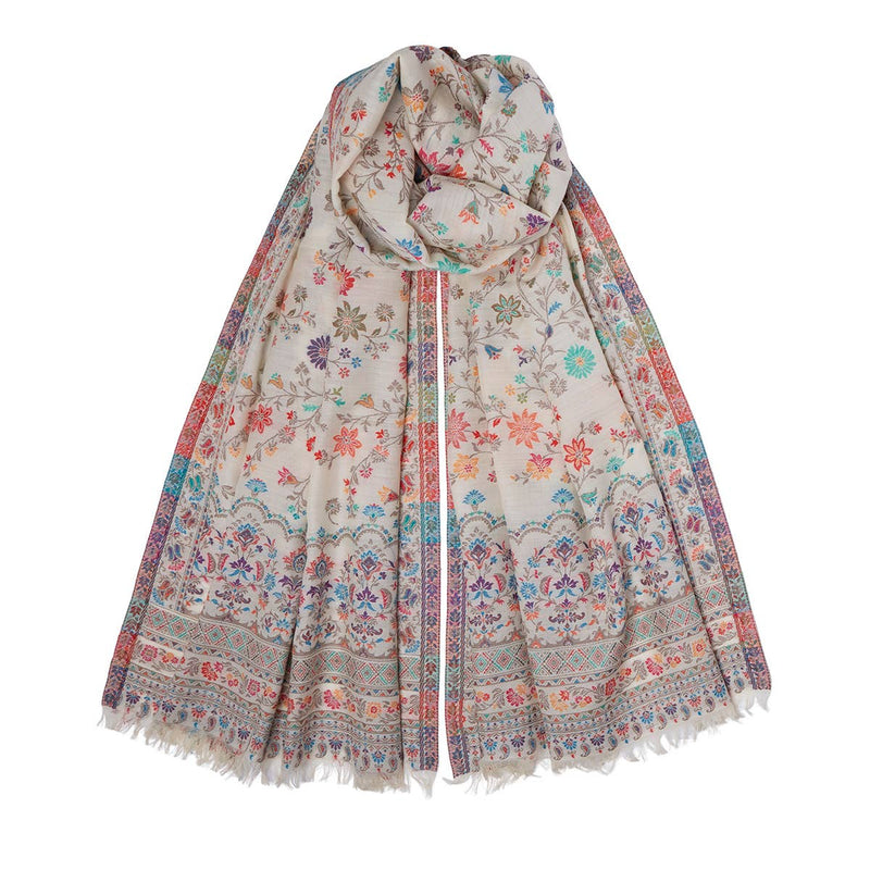 100% Cashmere Woven Flower Pashmina in Neutral with floral design by Somerville Scarves