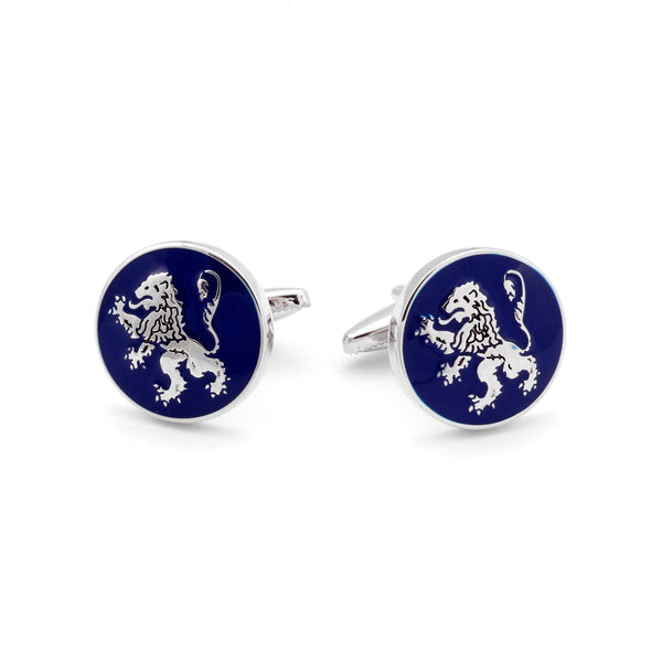 Close-up of English Lion Silver Cufflinks showing detailed lion design on blue enamel background.