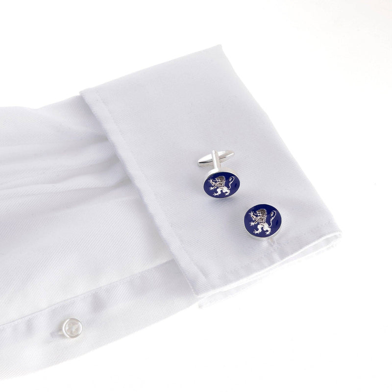 English Lion Silver Cufflinks paired with formal attire, representing British heritage.