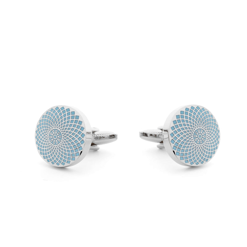 Close-up of Gherkin Cufflinks showcasing silver-tone finish and light blue enamel design.