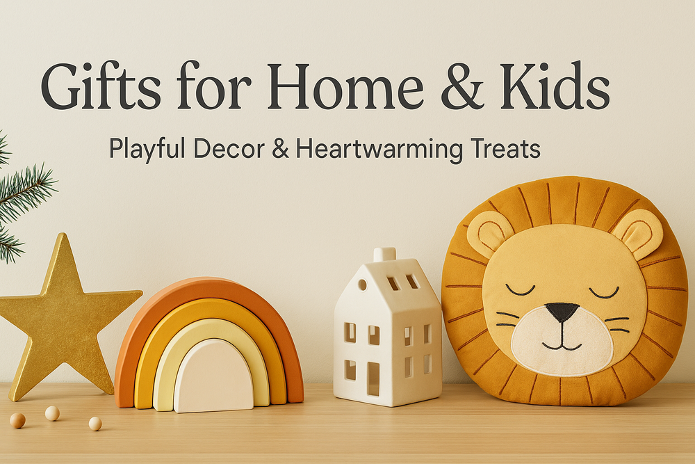 Children’s decor display with a lion cushion, wooden rainbow toy, gold star, and ceramic house on a wooden shelf, promoting Simply Magnificent’s home and kids gift collection.