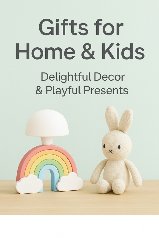 Rainbow lamp and beige bunny plush toy on wooden surface with mint background, showcasing playful gifts for children and home from Simply Magnificent.