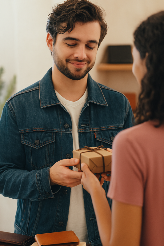 Smiling man in denim jacket receiving a wrapped gift from a woman, showcasing Simply Magnificent’s curated men’s accessories and thoughtful gift collection.