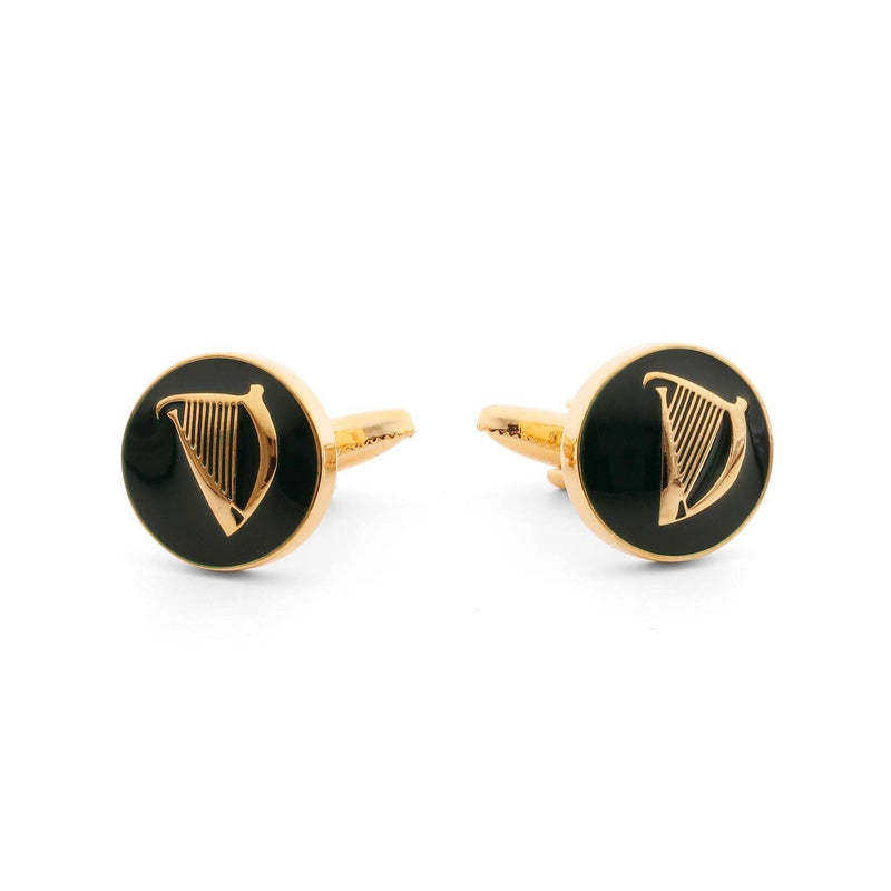 Close-up of Irish Harp cufflinks with gold-tone detailing and harp emblem.