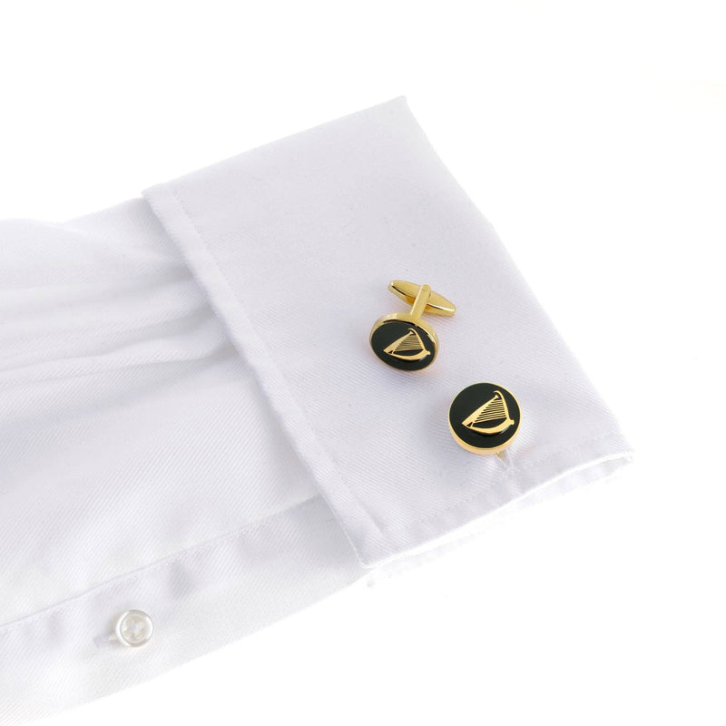 Irish Harp cufflinks paired with formal attire, representing Irish heritage.