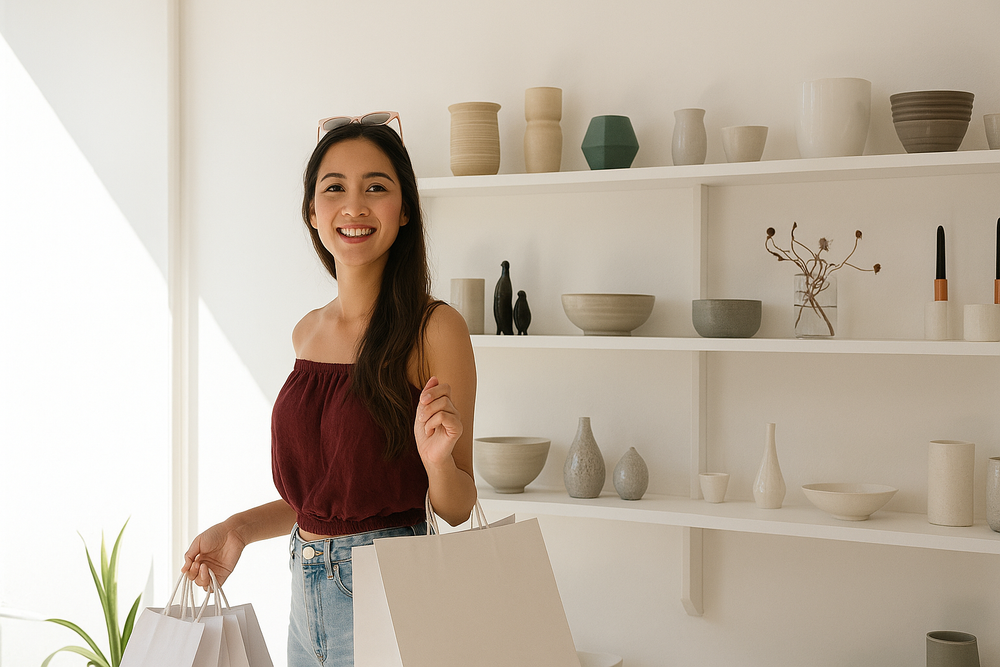 Smiling woman with long hair in a burgundy top holding white shopping bags in a home décor boutique, promoting Simply Magnificent’s summer gifts for her.