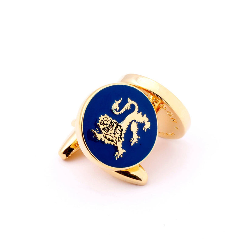 Side view of Lion Passant Guardant Gold Cufflinks highlighting intricate craftsmanship.