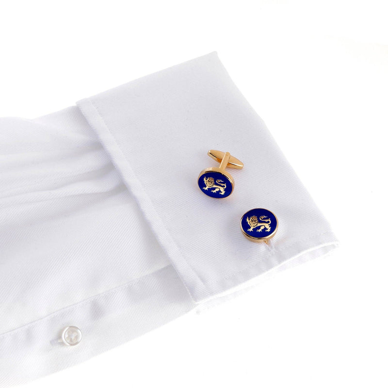 Lion Passant Guardant Gold Cufflinks paired with formal attire, representing English heritage.