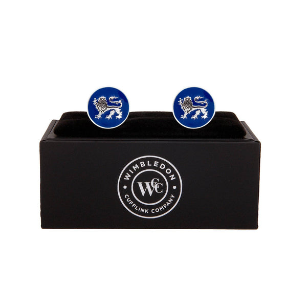 Lion Passant Guardant Silver Cufflinks displayed in premium presentation gift box.