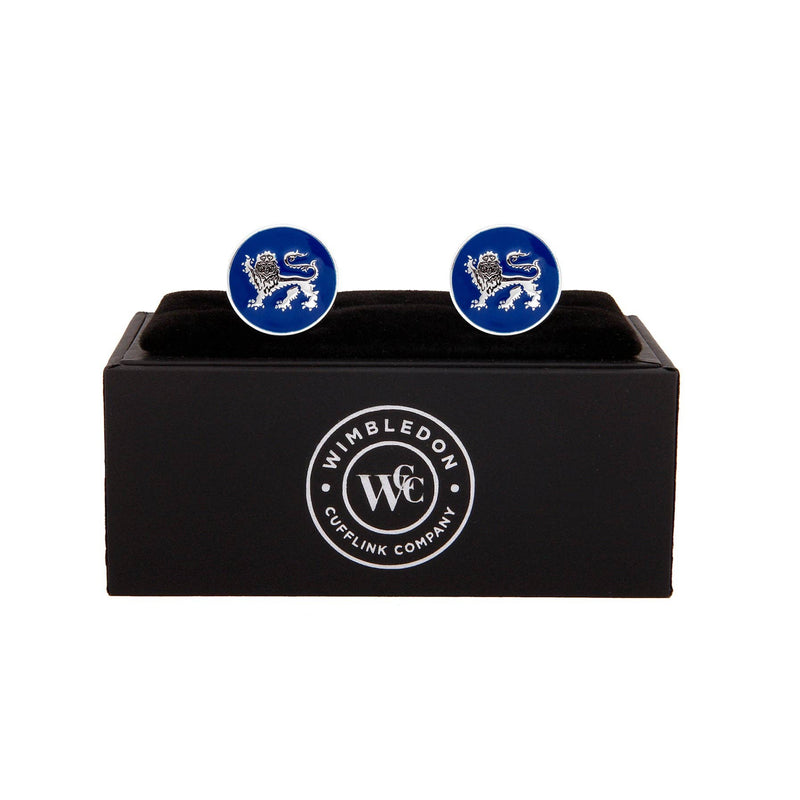 Lion Passant Guardant Silver Cufflinks displayed in premium presentation gift box.