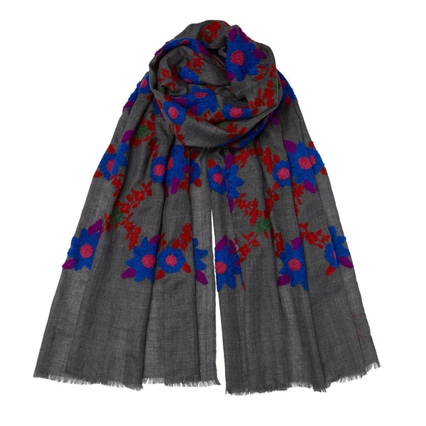 Mexican Small Flower Pashmina in grey with blue and brown floral design – cashmere and cotton blend.