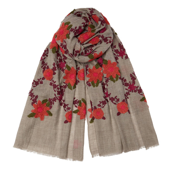 Mexican Small Flower Pashmina in natural with orange and plum floral pattern – cashmere and cotton blend.