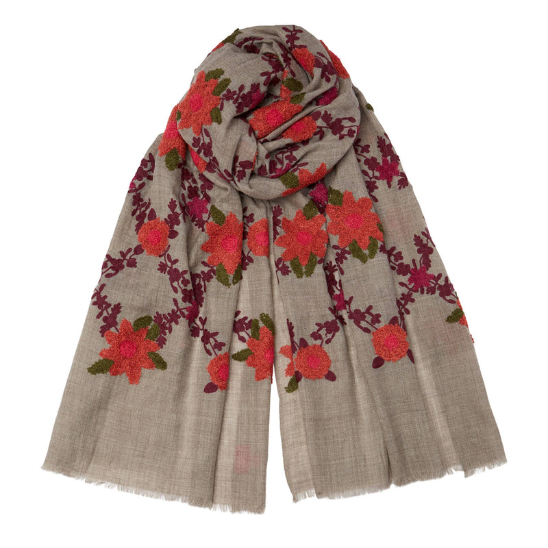Mexican Small Flower Pashmina in natural with orange and plum floral pattern – cashmere and cotton blend.