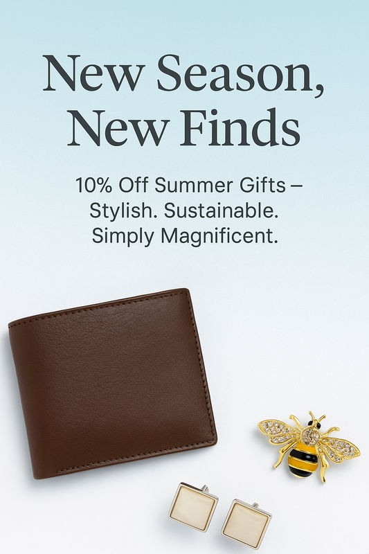 Stylish brown wallet, gold bee brooch, and square cufflinks beneath "New Season, New Finds – 10% Off Summer Gifts" headline for Simply Magnificent’s mobile summer promotion.