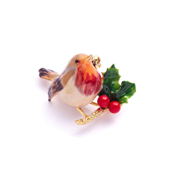 Hand-painted Robin Brooch by Bill Skinner featuring festive enamel detailing in red, green and gold