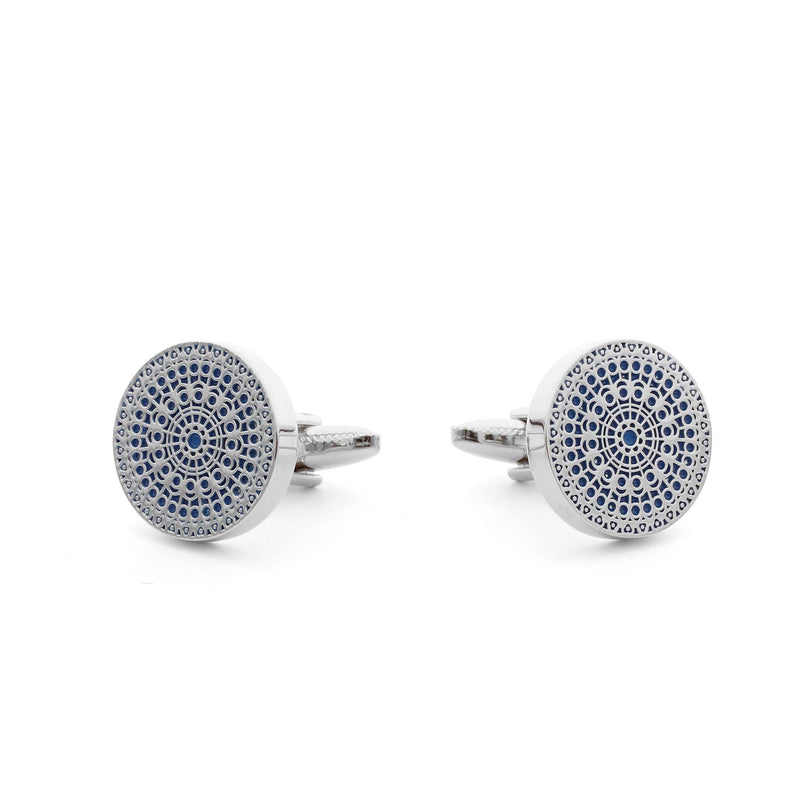 Close-up of Rose of Notre Dame Silver Cufflinks showcasing intricate sky blue enamel design.