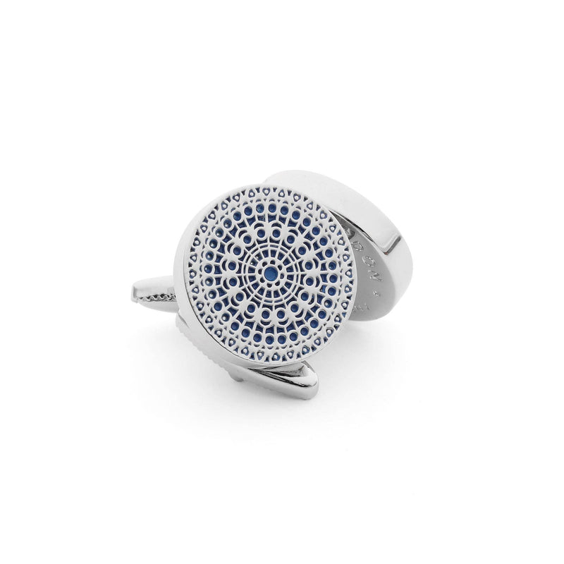 Side view of Rose of Notre Dame Silver Cufflinks highlighting intricate craftsmanship.