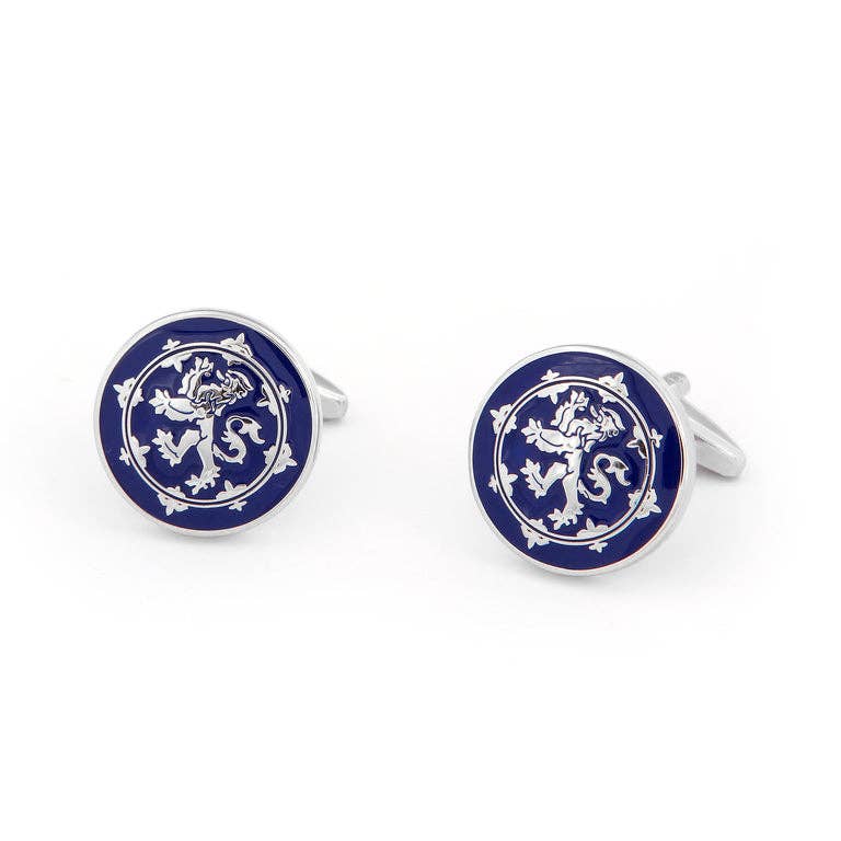 Close-up of Scottish Lion Silver Cufflinks showcasing intricate Lion Rampant design.