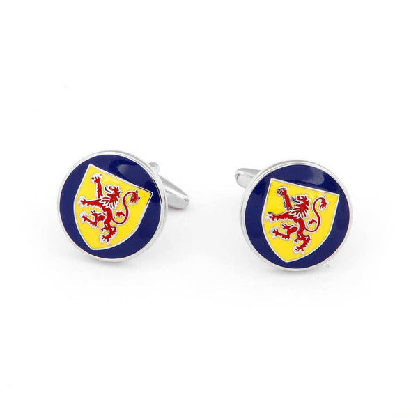 Close-up of Scottish Shield Silver Cufflinks showcasing intricate Lion Rampant design.