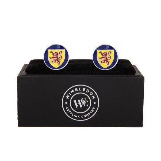 Scottish Shield Silver Cufflinks displayed in premium presentation gift box.