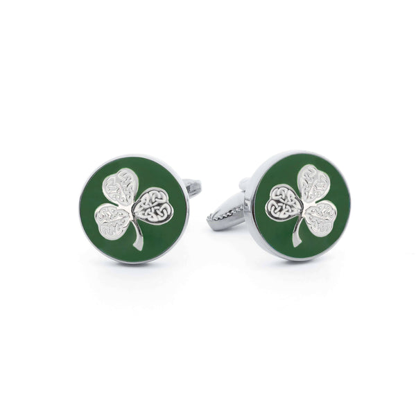 Close-up of Shamrock Cufflinks in Green and Silver showcasing intricate green enamel design.