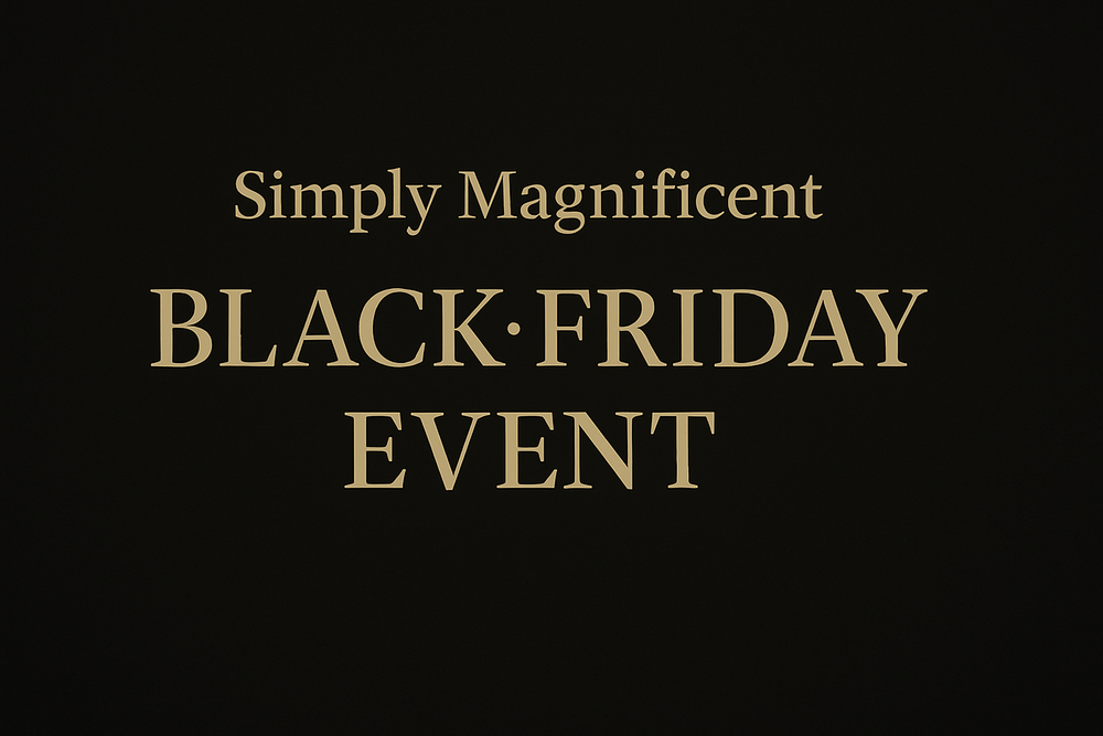 Simply Magnificent Black Friday Event banner in gold serif text on a black background, UK luxury gifting promotion.