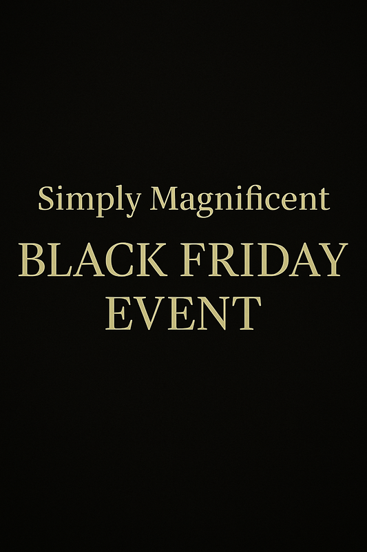 Simply Magnificent Black Friday Event mobile banner in gold serif text on a luxury black background, UK gifting promotion.