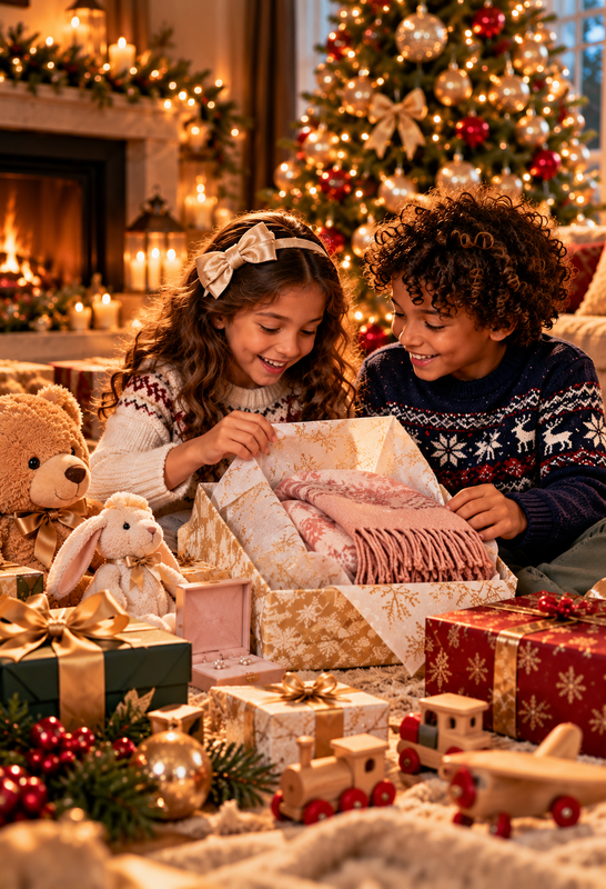Two smiling children unwrapping Christmas presents beside a beautifully decorated tree, surrounded by teddy bears, wooden toys and festive gift boxes.
 Copy ALT