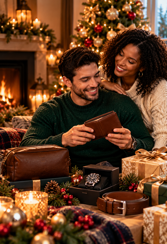 Smiling man admiring a brown leather wallet with his partner beside him, surrounded by elegant men's accessories and beautifully wrapped Christmas gifts.