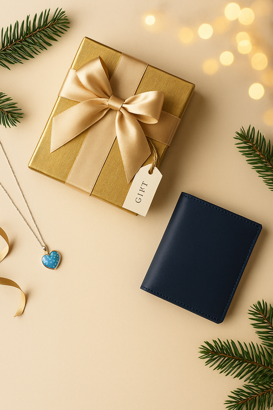 Luxury Christmas gift flatlay featuring a gold ribbon-wrapped present, blue opal heart necklace and navy leather wallet, styled with festive greenery on a warm cream background.