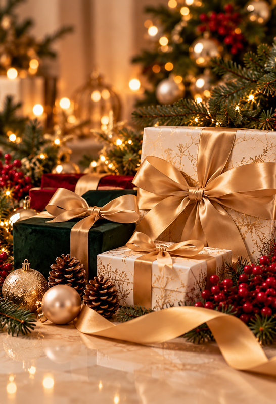 Luxury Christmas presents with gold satin bows, evergreen branches and festive decorations in a warmly lit setting.